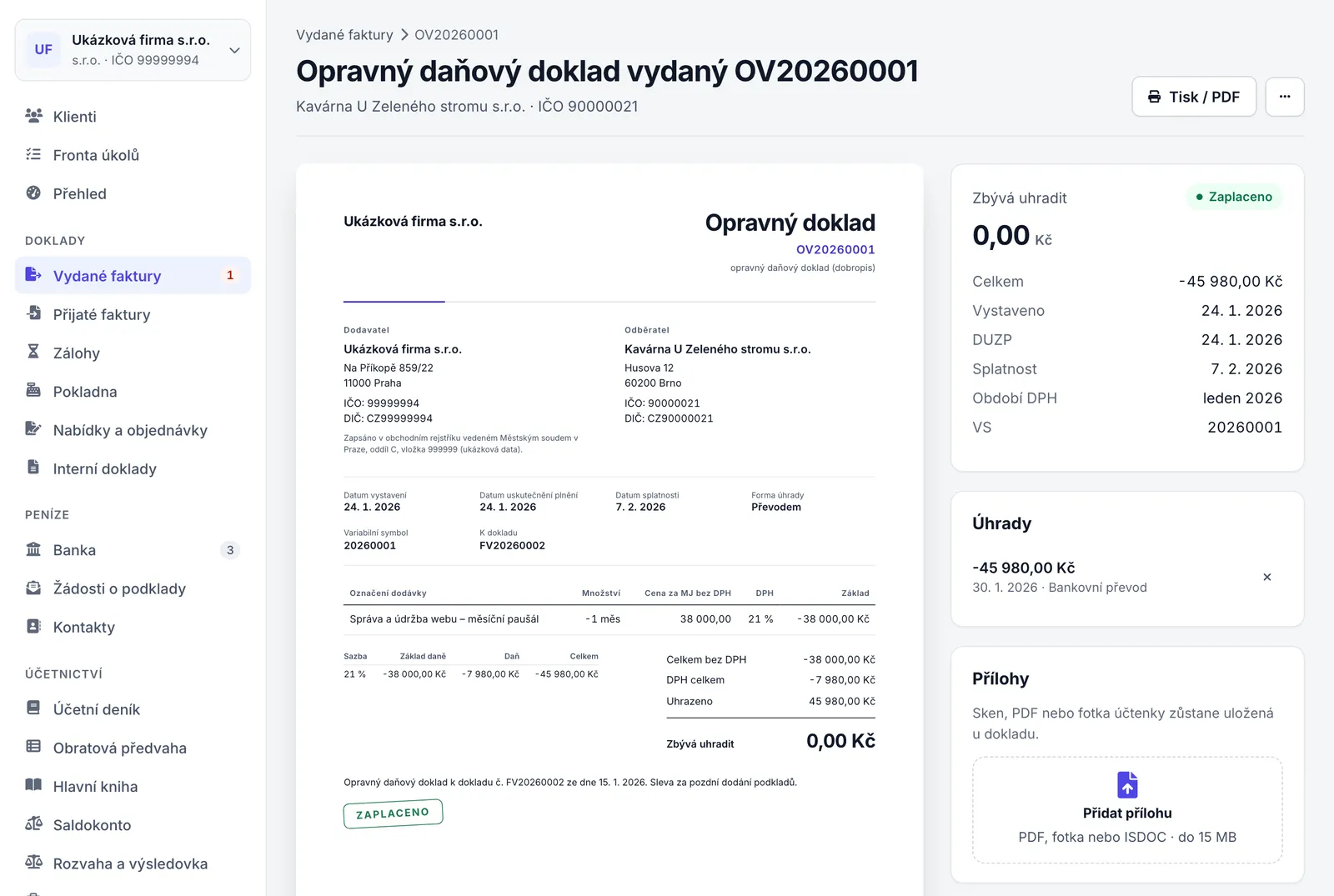 Detail vydaného dobropisu OV20260001 se zápornou částkou, úhradou vratky a číslem původní faktury v řádku K dokladu.