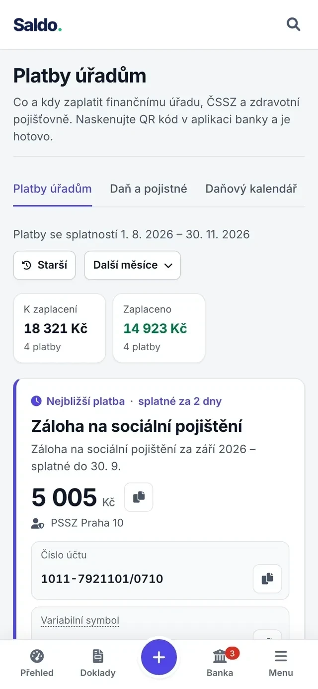 Platby úřadům ukázkové OSVČ na telefonu se souhrnem a nejbližší platbou.