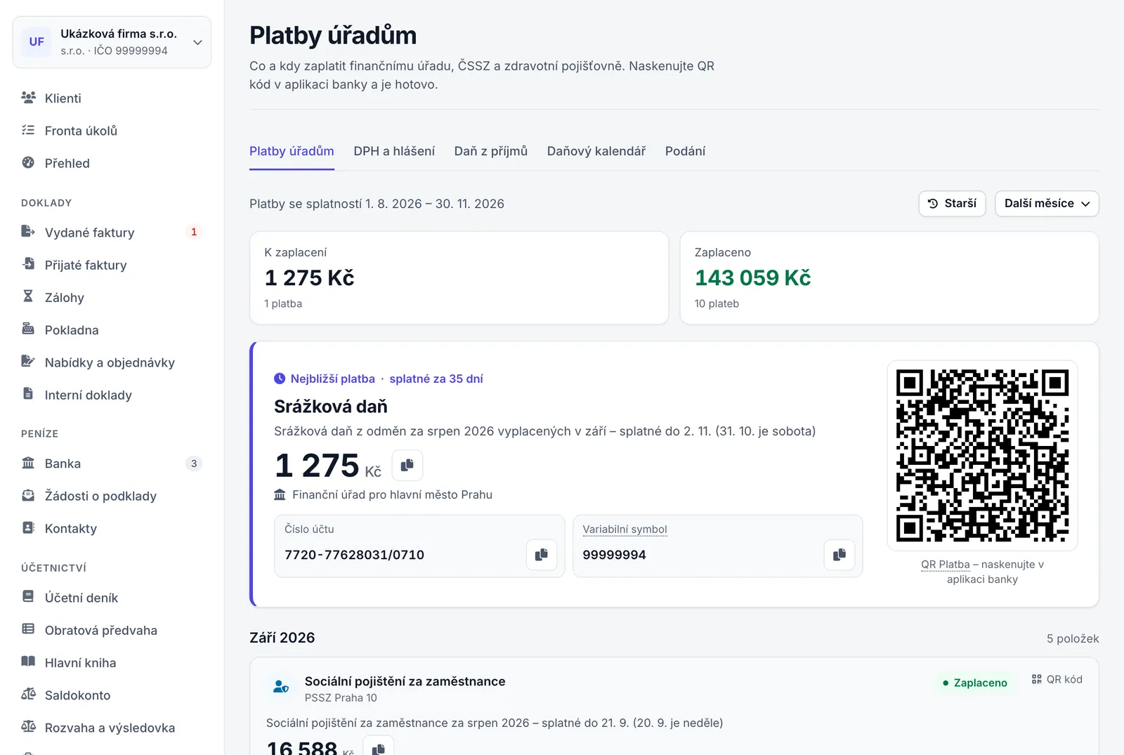 Stránka Platby úřadům ukázkové s.r.o. se souhrnem, rámečkem nejbližší platby s QR kódem a platbami po měsících.