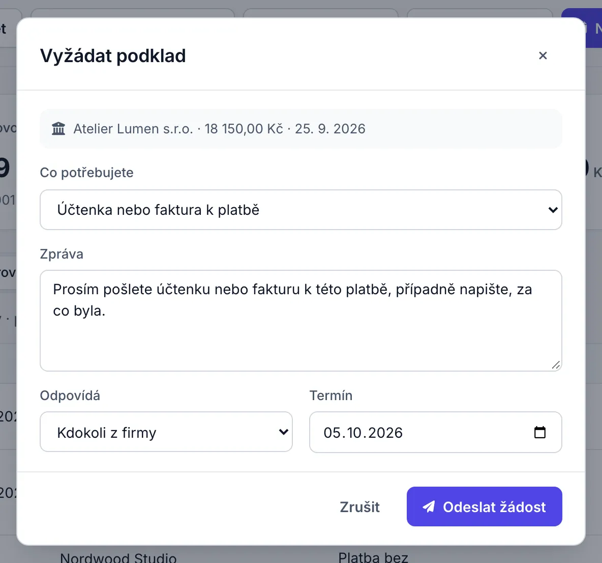 Okno Vyžádat podklad u platby od Atelier Lumen s.r.o. s poli Co potřebujete, Zpráva, Odpovídá a Termín a tlačítkem Odeslat žádost.
