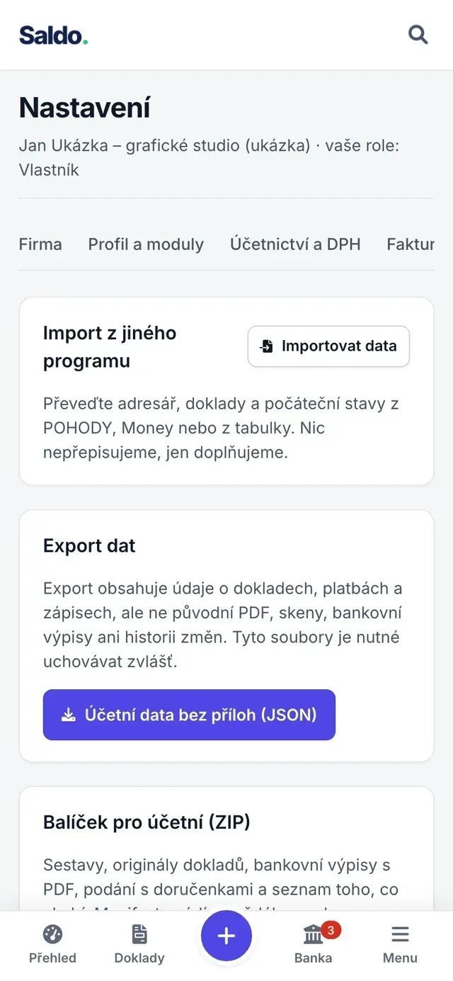 Záložka Data na telefonu u OSVČ s částmi Import z jiného programu, Export dat a Balíček pro účetní.